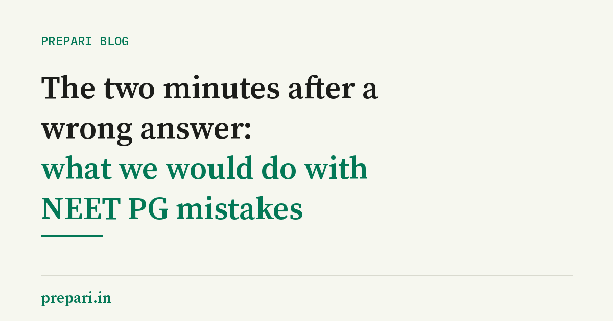 Title card reading "The two minutes after a wrong answer: what we would do with NEET PG mistakes" with the prepari.in wordmark.