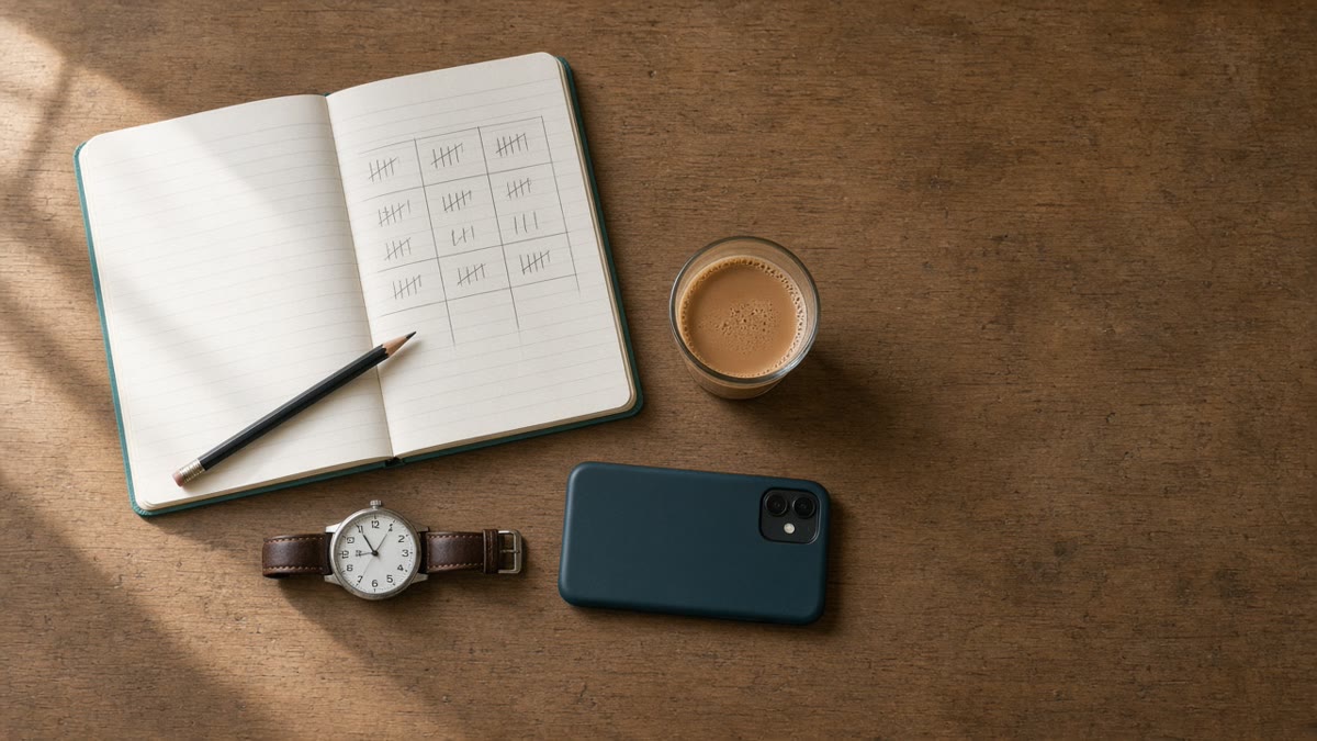 A notebook with a three-column tally grid, a pencil, a wristwatch, a glass of chai and a phone face down on a wooden duty-room table.